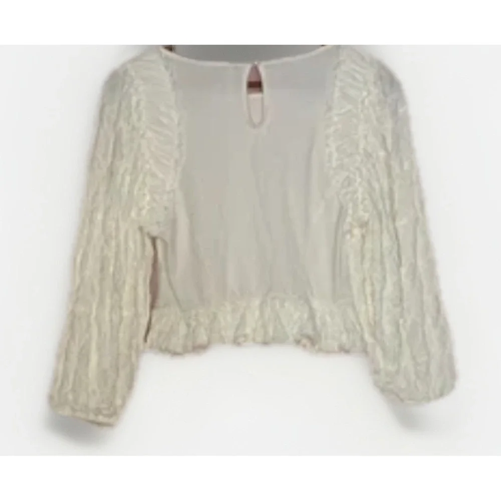 Free People REVOLVE Olivia Top White Textured Puff Sleeve Cropped Blouse Women M